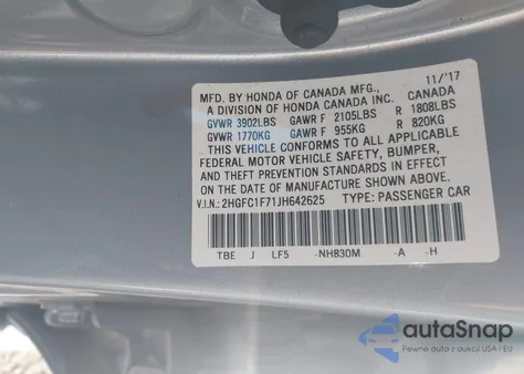 2018 Honda Civic Ex-L z USA, uszkodzony, nr VIN 2HGFC1F71JH642625